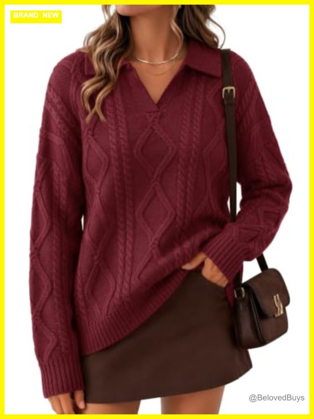 Oversized Cable Knit V Neck Polo Pullover Sweater Womens